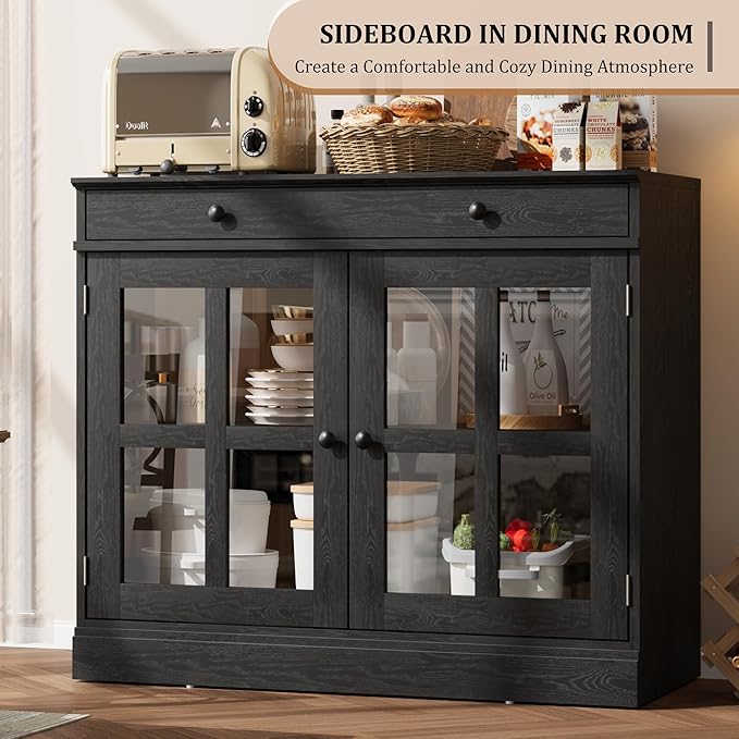 GarveeHome 35.4" Sideboard Buffet Cabinets with Glass Door, Buffet Cabinet with Storage, Black Sideboard Cabinet with Drawer, Modern Buffets & Sideboards for Dining Room, Kitchen
