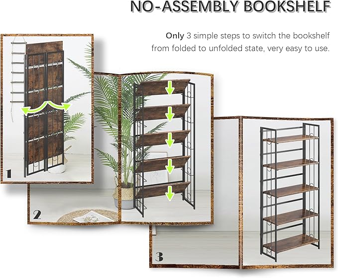 4NM No Assembly 5 Tiers Folding Bookshelf, 59.4" H Foldable Storage Shelves Vintage Bookcase Standing Racks Study Organizer Home Office - Rustic Brown Black