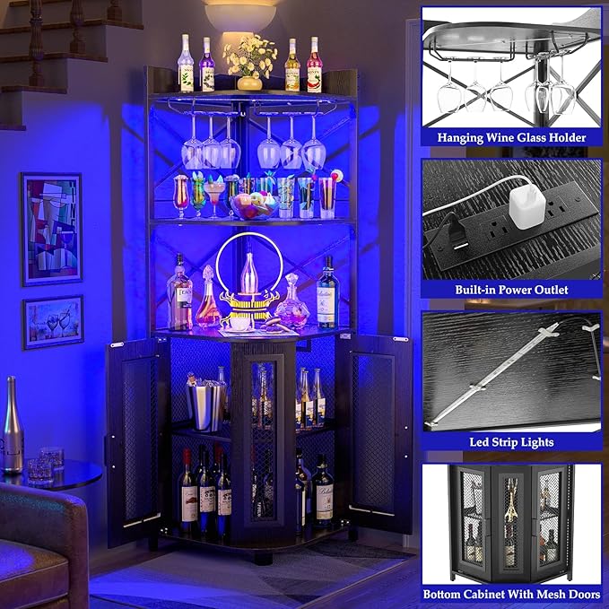 Aheaplus Corner Bar Cabinet with Power Outlet, Industrial Wine Cabinet with LED Strip and Glass Holder, 5-Tiers Liquor Cabinets Bar Unit for Home, Corner Display Cabinets for Small Space, Black