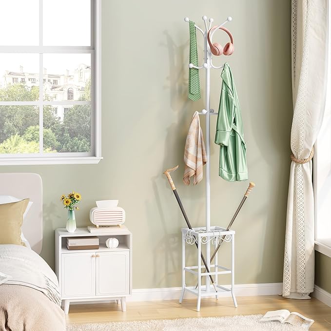 Hoctieon Coat Rack Freestanding, Coat Tree with Umbrella Holder, Metal Coat Rack Stand with 12 Hooks, Standing Coat Hanger Stand, Umbrella Stand for Entryway, Hat Rack Stand for Home Office, White