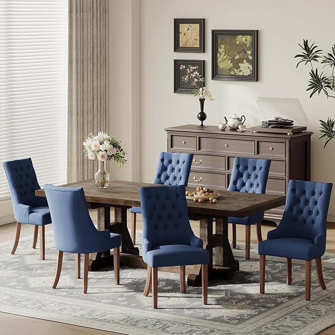 COLAMY Wingback Upholstered Dining Chairs Set of 2, Fabric Dining Room Chairs with Tufted Button, Living Room Chairs for Home Kitchen, Blue