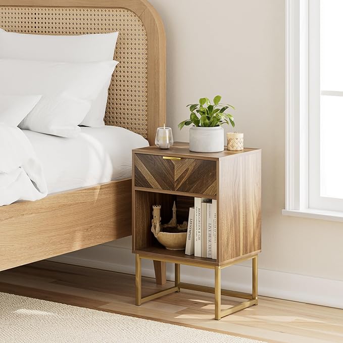 Masupu Nightstand,Modern Night Stand Boho Farmhouse Wood Bedside Table with Storage Drawer Side End Table for Bedroom,Living Room,Office,Walnut Brown