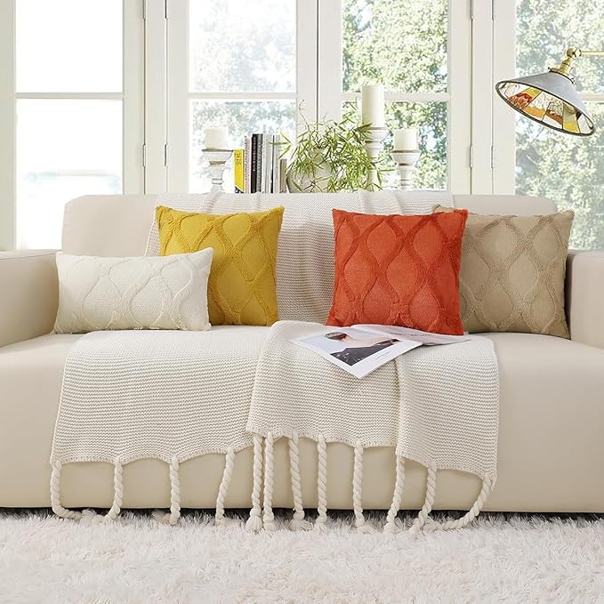 decorUhome Fall Throw Pillow Covers 18x18 Inch Set of 2, Soft Plush Faux Fur Wool Rust Couch Pillow Covers, Decorative Neutral Pillow Cases for Bed Sofa Living Room Home Decor