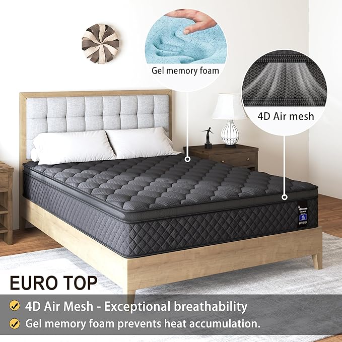 King Hybrid Mattress, 14 Inch Medium Mattress Euro Top for Back & Lumbar Support, 100 Night Trial, Individual Pocket Spring Bed for Motion Isolation & Pressure Relief