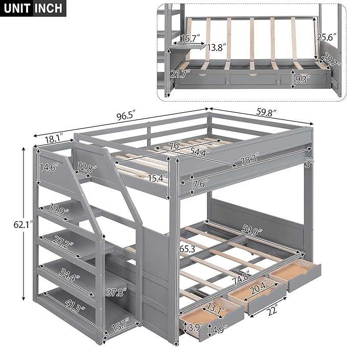 Full Size Wood Bunk Bed with Storage Staircase, Bedside Table, and 3 Drawers,Convertible Down BedFrame,No Box Spring Required,for Kids Boys Girls Teens, Gray