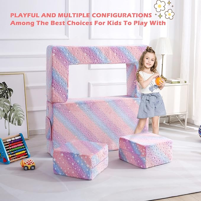 Kids Couch, Glow in The Dark Modular Explore Sofa for Toddler 3 in 1 Fold Out Sofa, Convertible Plush Couch with Washable and Durable Covers