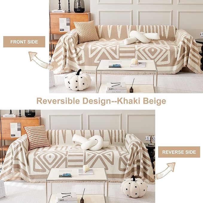 STACYPIK Reversible Khaki Beige Couch Cover Boho Couch Cover for Dogs with Tassels Anti-Slip Furniture Protector for 2 Cushion Couch Versatile Sofa Protector Washable Loveseat Cover Decor-71X102IN