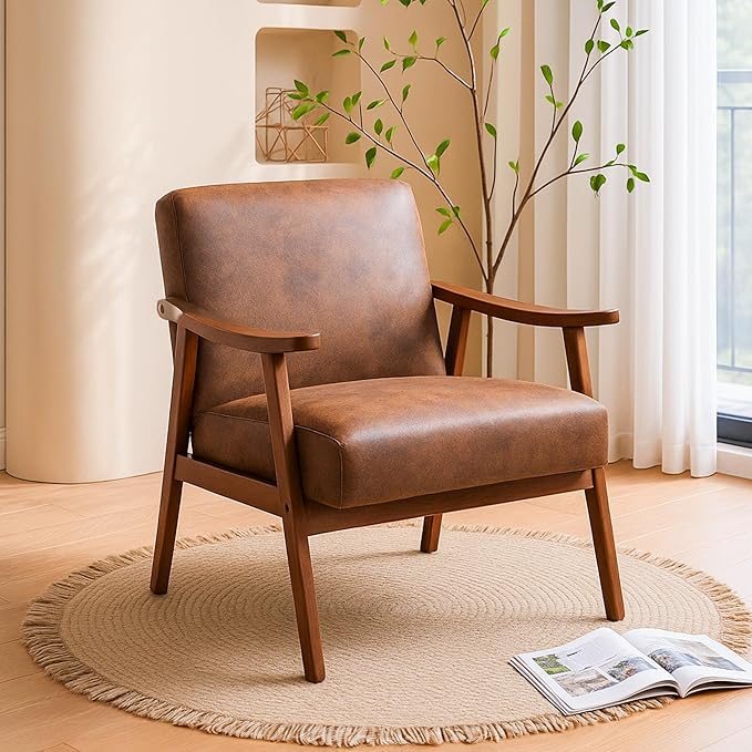 Container Furniture Direct Accent Chair with Microfiber Upholstery and Solid Wood Frame, Classic Mid-Century Modern Living Room Furniture for Extra Seating, Light Brown