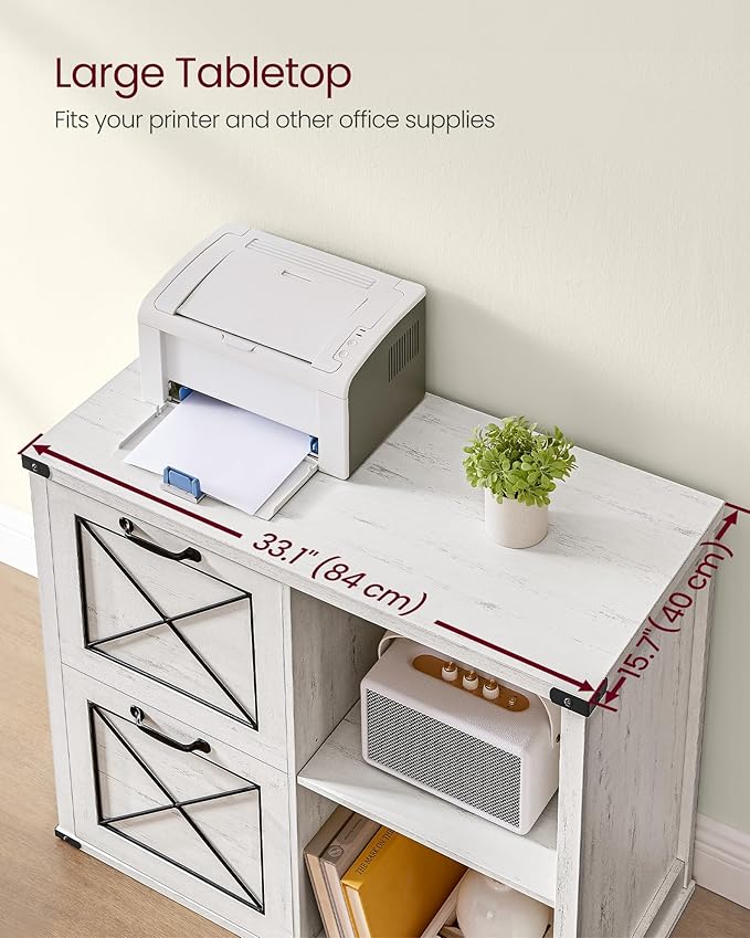 VASAGLE Lateral File Cabinet, Filing Cabinet with 2 Drawers, Printer Stand, 2 Open Compartments, Fit A4, Letter Size, Hanging File Folders, for Home Office, Farmhouse Style, Rustic White UOFC049T73