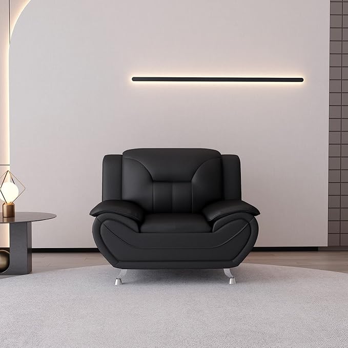 Container Furniture Direct Michael Modern Faux Leather Upholstered Stainless Steel Legs Living Room, Chair, Black