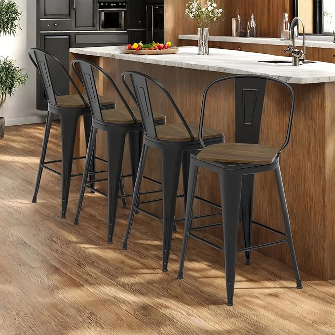 30” Swivel Bar Stools Set of 4, Counter Height Bar Stools Wooden Seat, Metal Industrial Bar Chairs with High Back for Kitchen Island (Black)