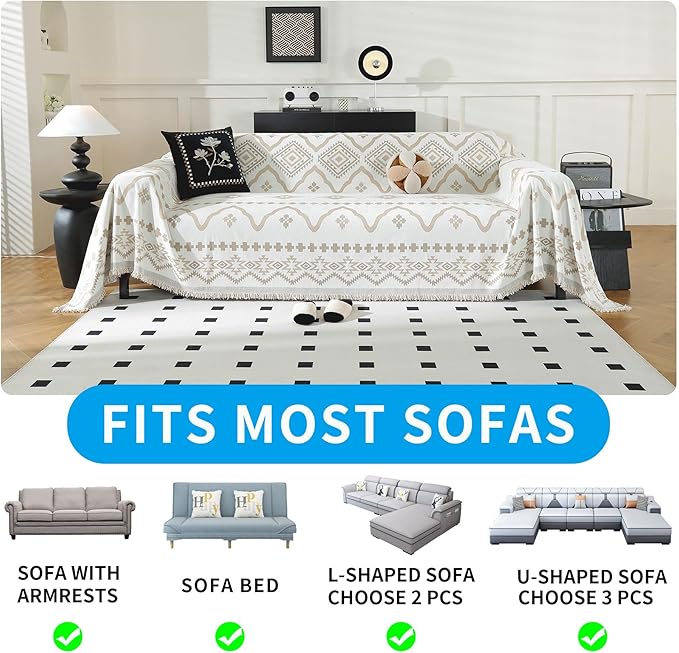 LUFEIJIASHI Boho Couch Covers for Sofa Non Slip Sofa Covers Washable Couch Covers for 3 Cushion Couch Sofa Pet Friendly Sectional Couch Cover Blanket Furniture Protector for Dogs (Khaki, 91"x150")