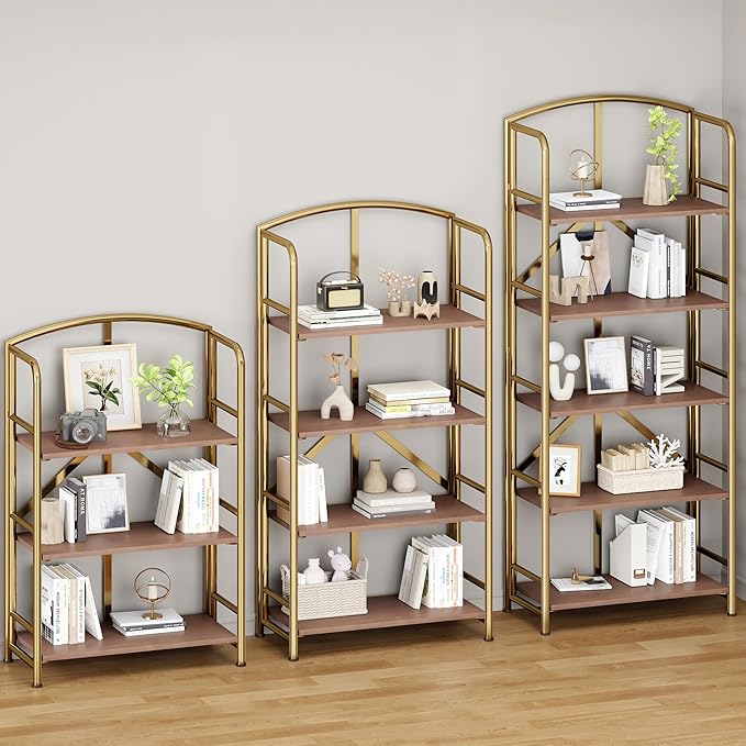 No-Assembly Folding Gold Bookshelf Storage Shelves 5 Tiers Vintage Multifunctional Plant Flower Stand Storage Rack Shelves Bookcase for Home Office