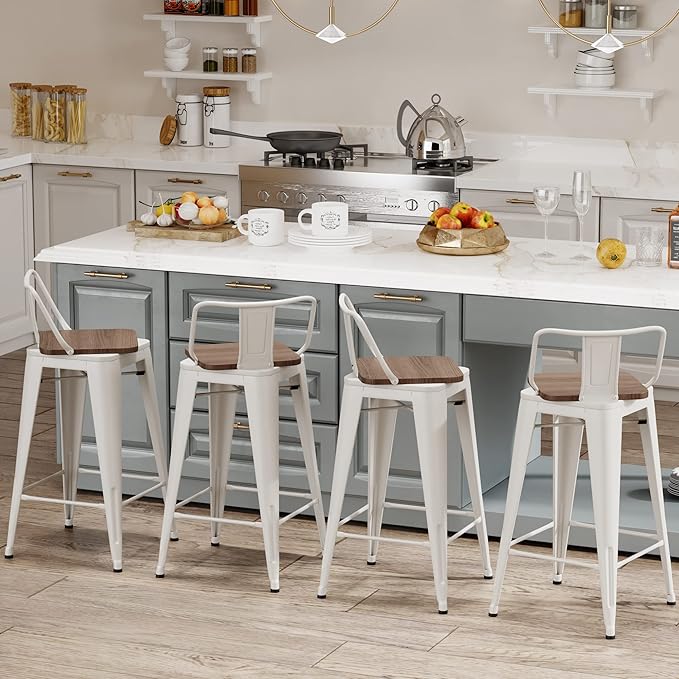 26 Inch Swivel Bar Stools Set of 4 with Backs Counter Height Industrial Metal Barstools Island Bar Chairs for Home Kitchen Dining Room (Swivel 26 inch, White Wooden)