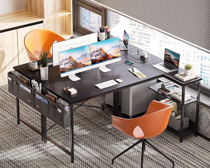 ODK 55 Inch Small L Shaped Computer Desk with Power Outlets, Corner Desk with PC Stand & Reversible Storage Shelves for Small Space Home Office Workstation, Modern Simple Writing Study Table, Black