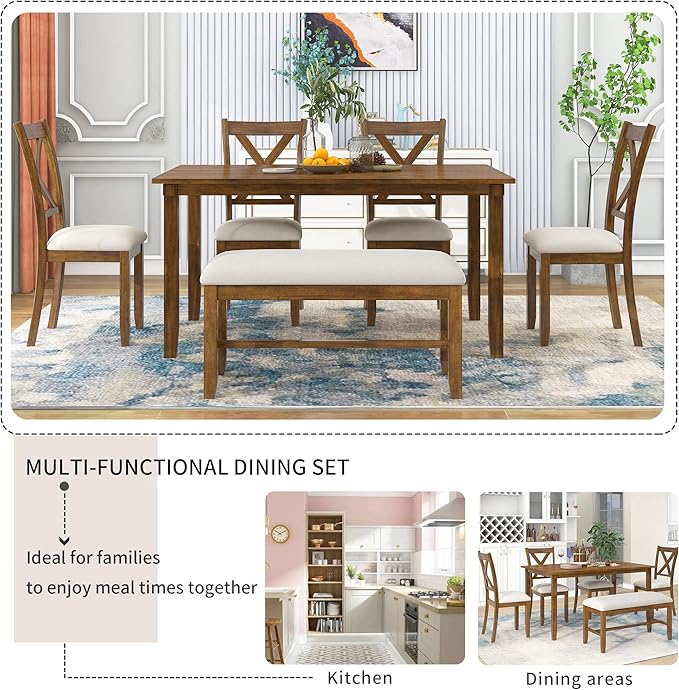 SogesPower 6-Piece Kitchen Dining Table Set for 4-6,Rectangular Dining Table with 4 Fabric Chairs & 1 Bench for Dining Room Living Room,Natural Cherry