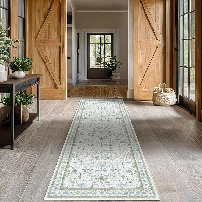 Oushak 3x20 Wide Hallway Runner Rug - Vintage Turkish Floral, Washable Low Pile Non Slip 20ft Extra Long Runners for Large Kitchen, Hall Way - Blue and Green Décor