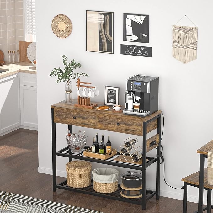 Ecoprsio Entryway Table with Outlets and USB Ports, Console Table with 2 Drawers, Small Sofa Table with Storage Shelves for Living Room, Couch, Hallway, Foyer, Kitchen Counter, 32'', Rustic
