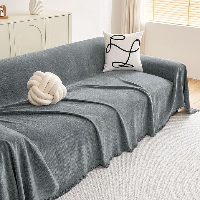 hyha Couch Cover for Dogs, Boho Sofa Covers for 3 Cushion Couch Washable, Chenille Sofa Slipcover for Pets, Soft Loveseat Sectional Couch Throw Blankets with Tassels (Grey, 71x134 Inch)