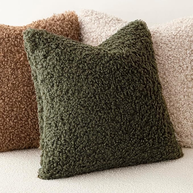 Foindtower 2 Pieces 18x18 Inch Olive Green, Faux Fur Throw Pillow Cover Accent Sherpa Furry Pillow Covers Fuzzy Soft Pillowcases Cozy Sheepskin Decorative Fleece Cushion Case for Bed Couch Living Room