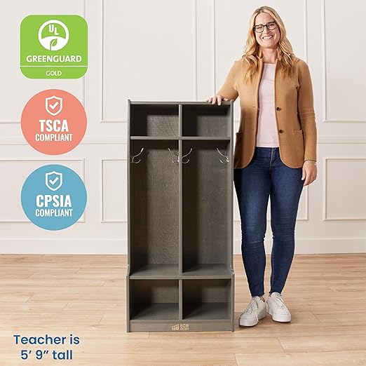 ECR4Kids 2-Section Coat Locker with Bench, Classroom Furniture, Grey Wash