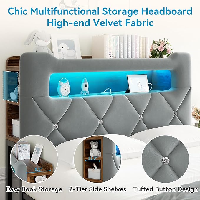 Queen Upholstered LED Bed Frame with 2 Storage Drawers and 2-Tier Storage Headboard, Velvet Platform Bed with Charging Station & Bookcase, Corner Bed Frame, Heavy Duty Metal Support, Grey