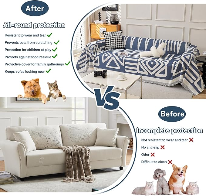 HANDONTIME Boho Couch Covers for Sofa Chenille Sofa Covers Washable Sectional Sofa Cover Blanket Geometric Reversible Couch Cover for L Shaped Couch Couch Protector for Dogs, 91" X134", Denim Blue