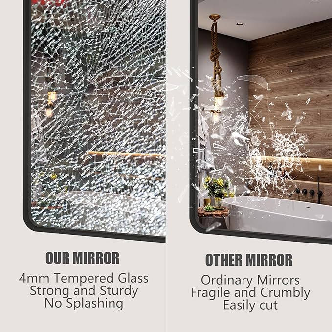 66x36 Inch Black Metal Framed Bathroom Mirror for Wall, Large Rounded Rectangle Mirror, Matte Black Bathroom Vanity Mirror, Anti-Rust, Shatterproof, Hangs Horizontally or Vertically