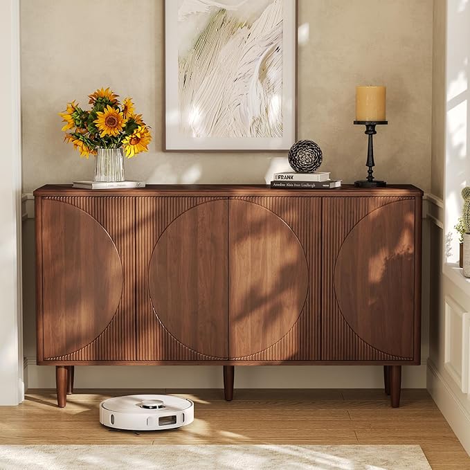 LITTLE TREE 59-Inch Buffet Cabinet Sideboard with Storage, Modern Sideboard Buffet Table with Doors for Living Room, Dining Room (Walnut)