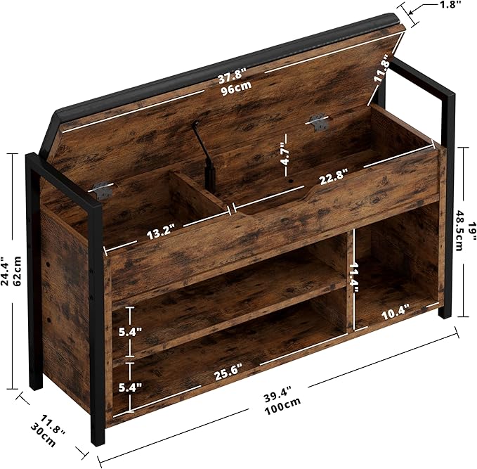 IRONCK Shoe Storage Bench, Entryway Bench with Lift Top Storage Box, Metal and Board Bench for Entryway, Two Tier Shoe Rack Organizer for Entryway, Hallway, Industrial, Vintage Brown