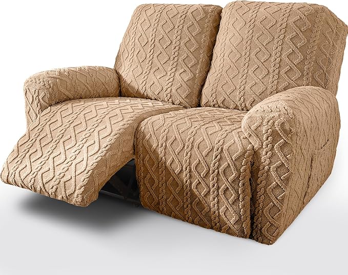 vctops 6 Pieces Geometric Jacquard Plush Recliner Loveseat Slipcovers Soft Fuzzy Fluffy Sofa Couch Cover Anti-Slip Furniture Protector with Elastic Bottom for Kids Cats Dogs(Brown,2 Seat)