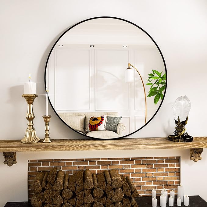 Round Mirror 36" Black Wall Mounted Circle Mirrors Vanity Mirror with Aluminum Alloy Frame Modern Decoration for Bathroom, Living Room, Vanity, Bedroom, Entryway