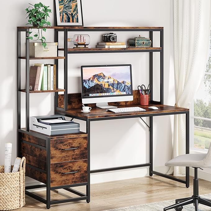 Tribesigns 55 Inch Computer Desk with 2 Drawers and Storage Shelves, Rustic Office Desk with Hutch, Study Writing Gaming Table Laptop Workstation for Home Office (Brown)