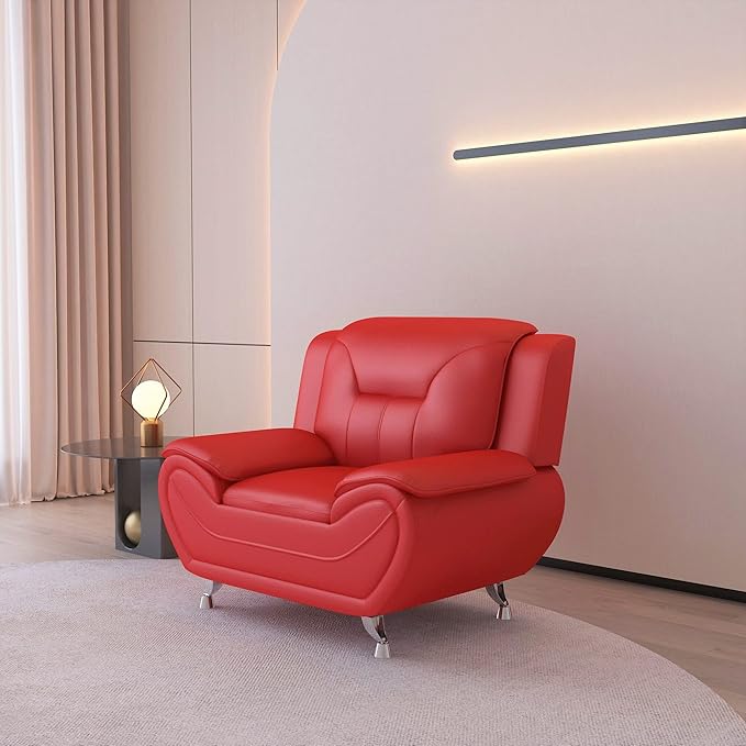 Container Furniture Direct Michael Modern Faux Leather Upholstered Stainless Steel Legs Living Room Sofa, Chair, Persian Red