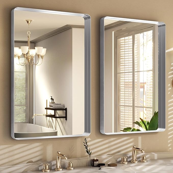 Silver Bathroom Mirror for Wall, 36x24 Inch Rectangular Aluminum Alloy Framed Mirror, Modern Wall Mounted Vanity Mirror for Bathroom, Vertical or Horizontal