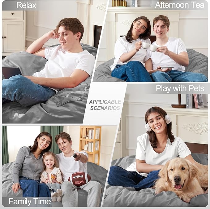 Homguava 4 FT Bean Bag Chair: 4' Bean Bags with Memory Foam Filled, Large Beanbag Chairs Soft Sofa with Dutch Velvet Cover-Light Grey