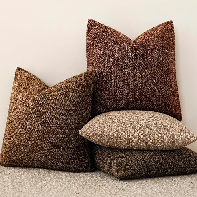 Foindtower Set of 2, Decorative Textured Boucle Throw Pillow Covers Accent Solid Pillow Cases Neutral Soft Cozy Couch Cushion Case for Chair Sofa Bedroom Living Room Home Decor 16x16 Inch Hazel Brown
