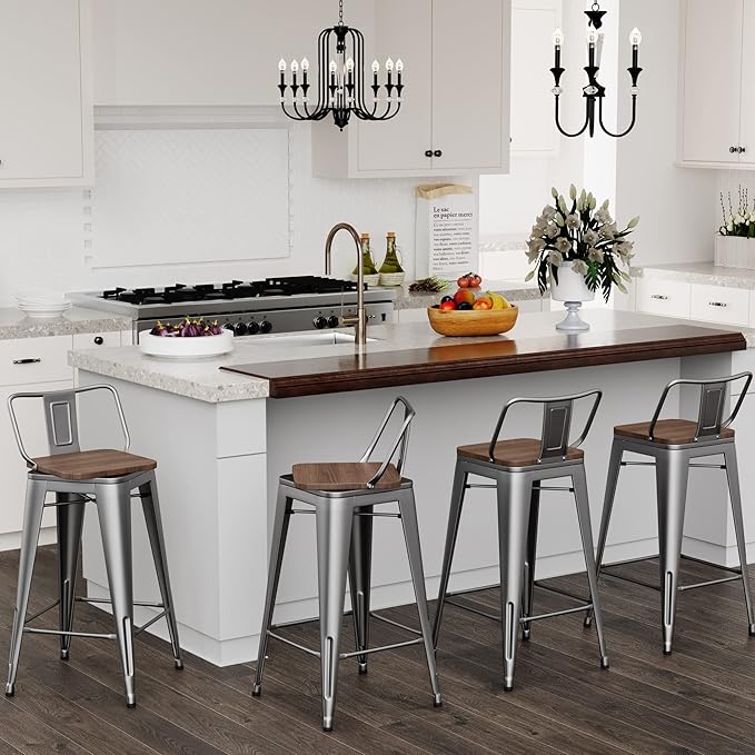 30 Inch Swivel Bar Stools Set of 4 with Backs Counter Height Industrial Metal Barstools Island Bar Chairs for Home Kitchen Dining Room (Swivel 30 inch, Silver Wooden)