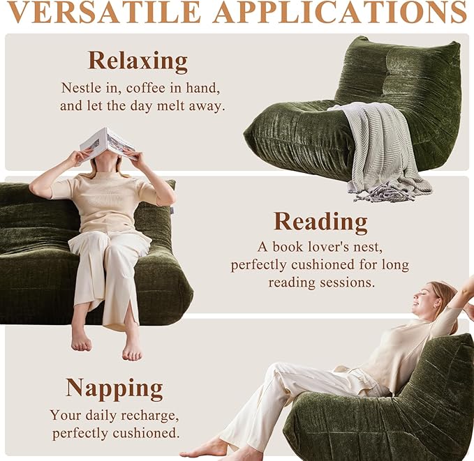 Bean Bag Chair, Fireside Chair Big Bean Bag Sofa for Adults/Teens, Memory Foam Bean Bag Gaming Chairs with Comfy Design & Premium Fabric, Lazy Floor Sofa for Living Room, Bedroom, Olive Green