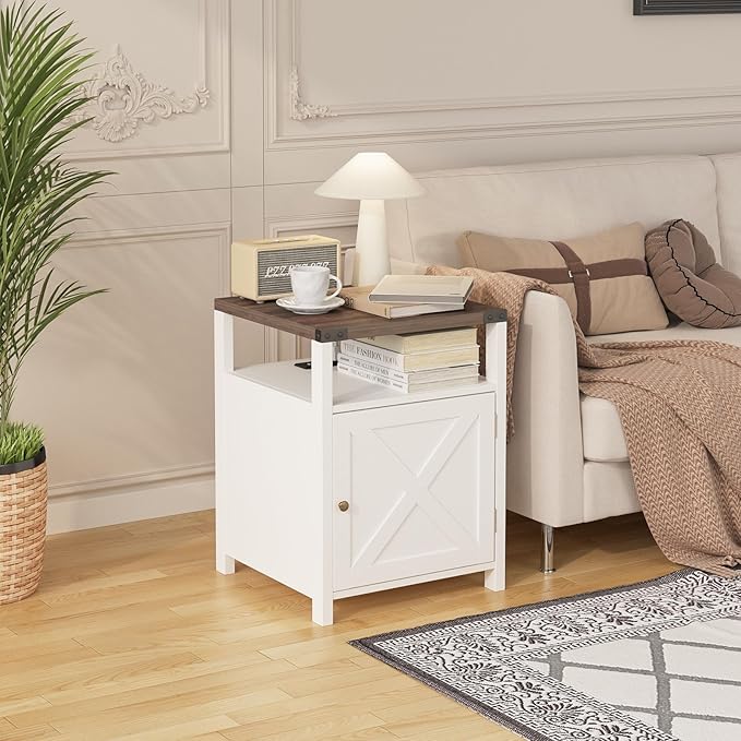 Farmhouse Nightstand Set of 2 with Charging Station, Rustic End Table Bedroom with Storage Living Room Side Table White Night Stand Industrial Bedside Bed Table with USB Ports and Outlets