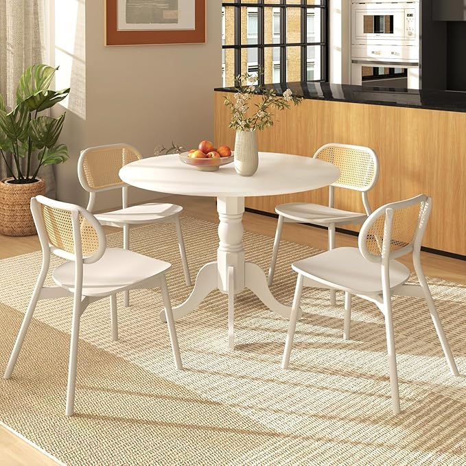 COSTWAY Round Dining Table for 4, 39-inch Wooden Kitchen Table with Solid Rubber Wood Frame, Curved Trestle Legs, Adjustable Foot Pads, Mid Century Rustic Dinning Table for Living Room (White)