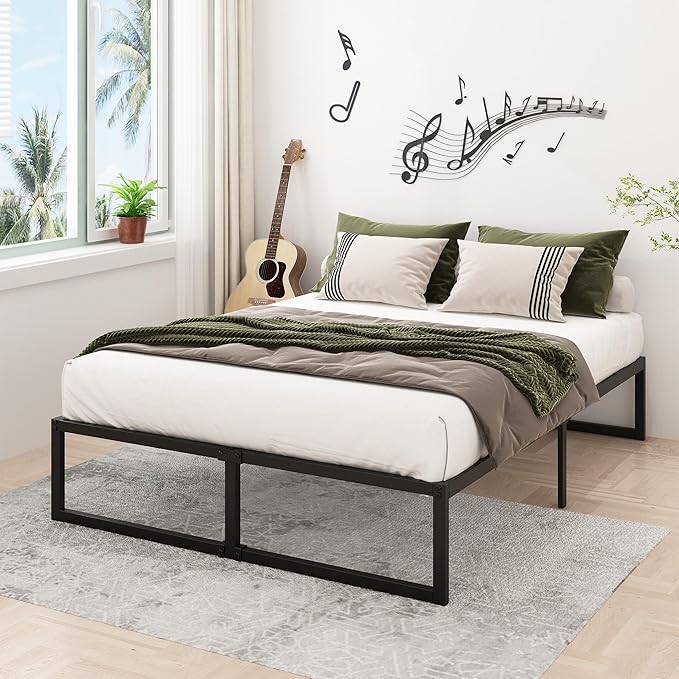 16 Inch Bed Frame Queen Size Heavy Duty Steel Slat Support Metal Platform Queen Bed Frame No Box Spring Needed, Easy Assembly, Black