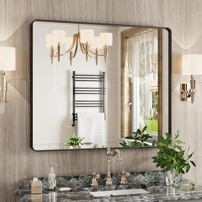 Black Bathroom Mirror 30X36 Inch, Black Metal Framed Mirror for Wall, Rounded Rectangle Matte Bathroom Vanity Mirror with Tempered Glass, Anti-Rust, Horizontal/Vertical