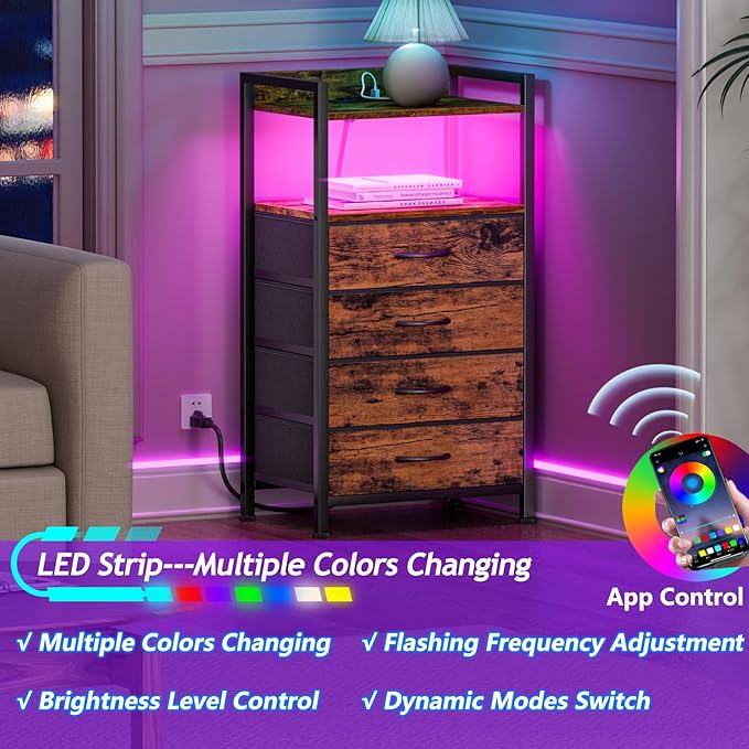 Furnulem Night Stand with Charging Station and Led Light, 4 Drawer Dresser for Bedroom, Small Nightstand Bedside Table, Fabric Bins, Metal Frame, Wood Shelf, Side Furniture(Rustic Brown)