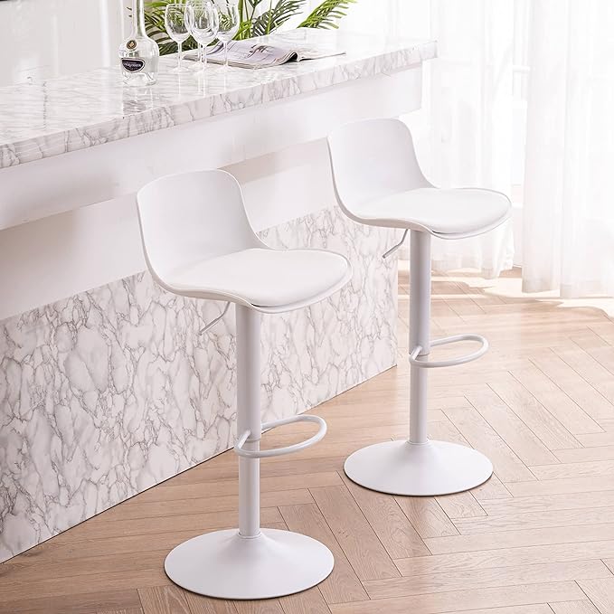 YOUTASTE White Bar Stools Set of 2 Adjustable Counter Height Bar Stool PU Leather Metal Barstools with Back Swivel High Top Bar Chairs Home Kitchen