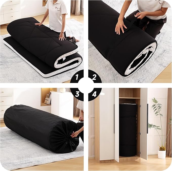 Welnow Japanese Futon Floor Mattress, Thick Full Size Tatami Mat Portable & Foldable Roll Up Floor Bed Mattress with Storage Bag, Sleeping Pad for Adults, Dorm, Guest Bed, Camping and Travel, Black