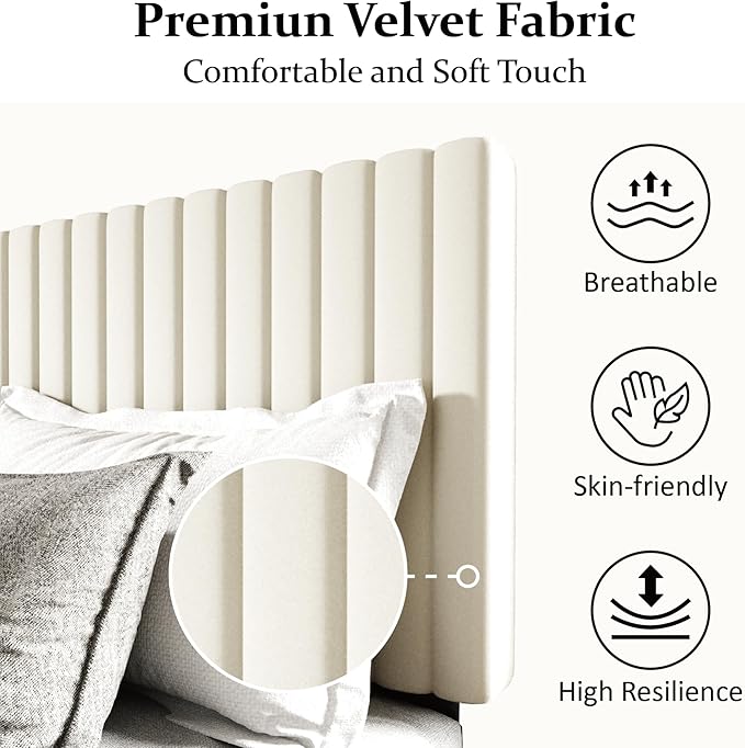 Queen Size Bed Frame with Velvet Upholstered Headboard, Platform Bed with Strong Wood Slats, Mattress Foundation, Box Spring Optional, Easy Assembly, Beige