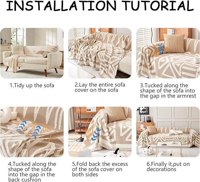HANDONTIME Sofa Covers Armchair Boho Couch Cover for Dogs Khaki Throw Couch Cover with Tassel Chair Recliner Futon Cover Washable 1 Cushion Couch Non Slip Chenille Couch Protector, 71" X102"