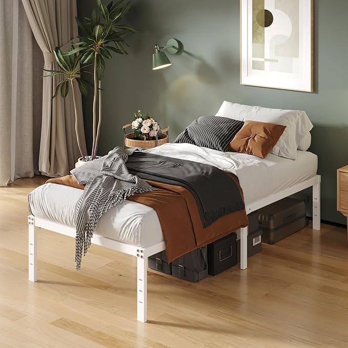 16 Inch White Twin XL Bed Frames, Metal Platform Twin XL Bed Frame with High Storage, Eassy Assembly 2,500 lbs Heavy Duty Bedframes
