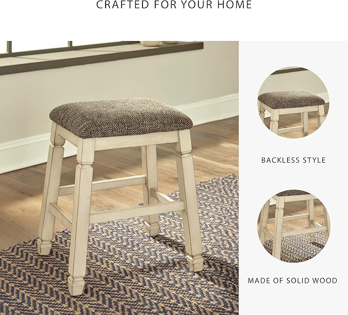 Signature Design by Ashley Bolanburg Farmhouse 24" Counter Height Upholstered Barstool, 2 Count, Whitewash